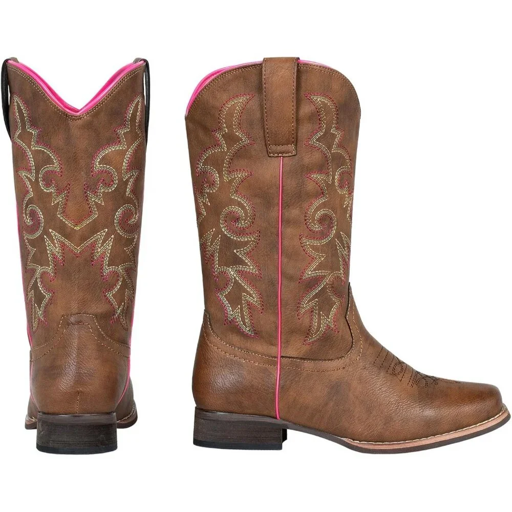 SheSole Womens Brown Cowboy Square Toe Cowgirl Wide Calf Western Boots - Picture 8 of 9